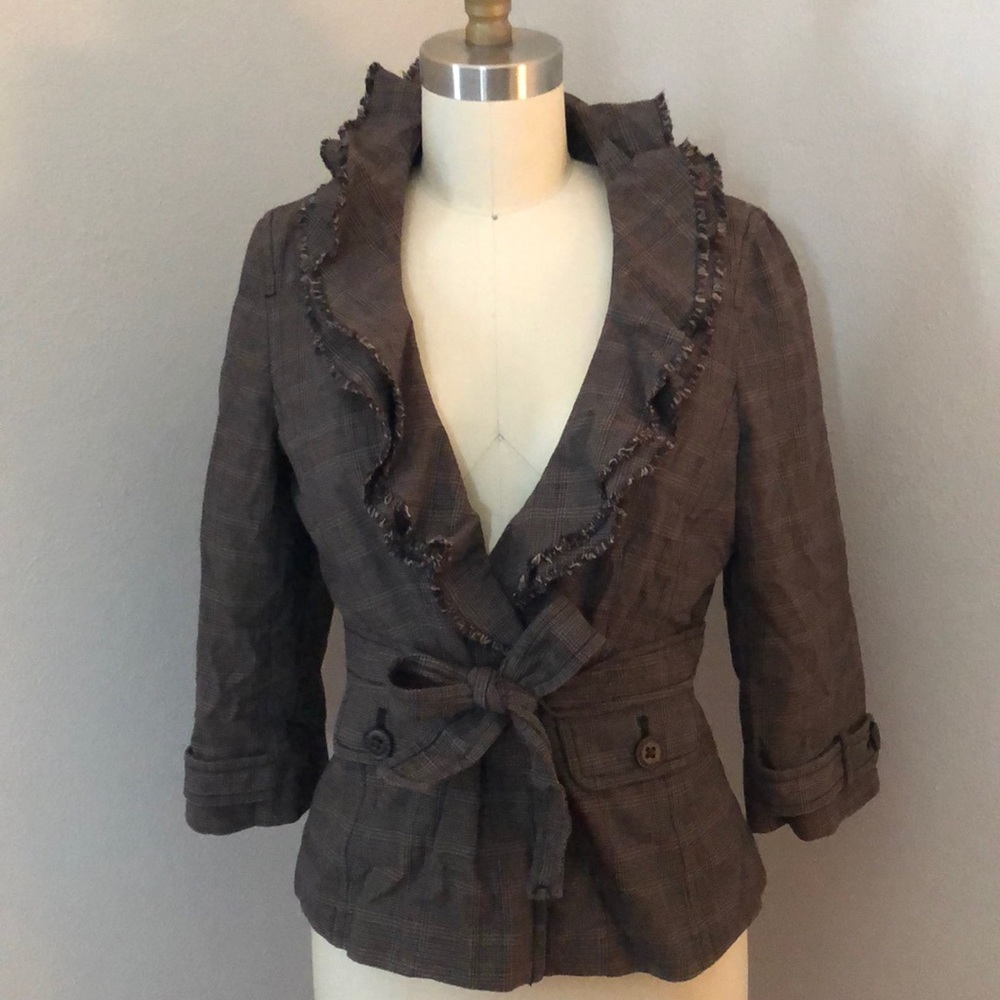 LOFT brown plaid 4P short ruffle blazer with belt